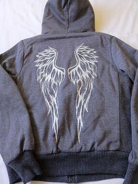 QQMY Dark Gray Hoodie With Zipper  White Angel Wing Back Design Size L